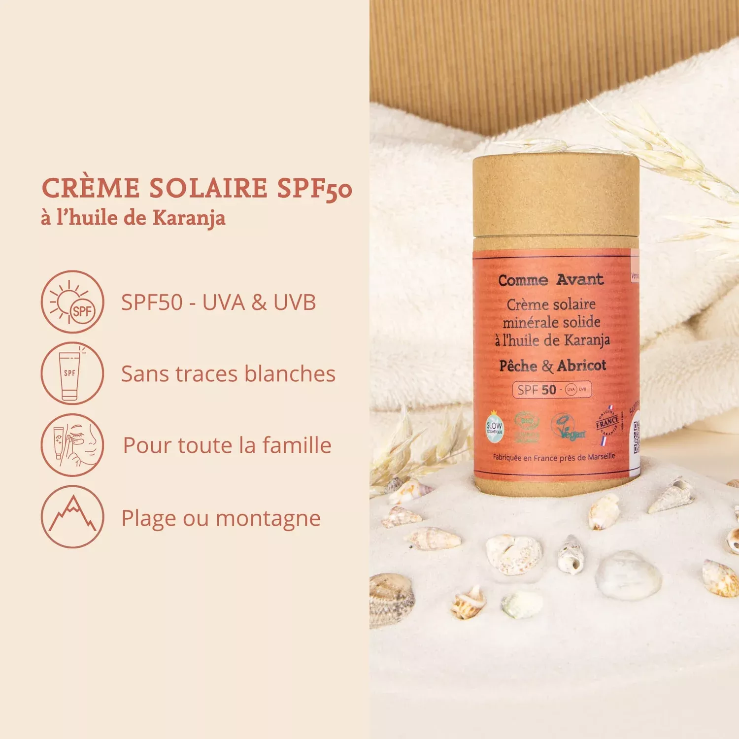 Crème solaire solide SPF 50 - Pêche & Abricot - 80g