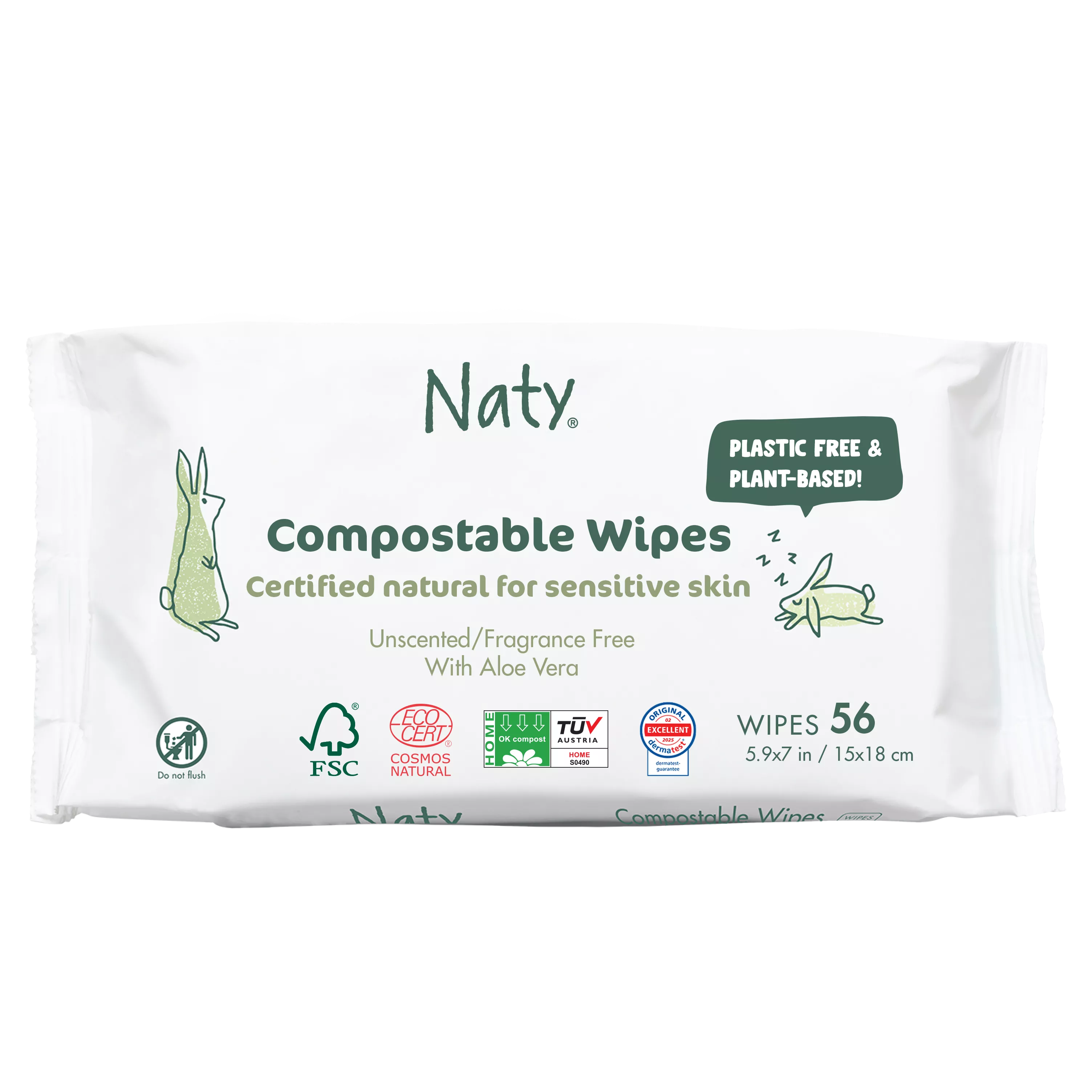 Lingettes sensitive Naty à l'Aloe Vera - 100% biodégradable (56wipes)