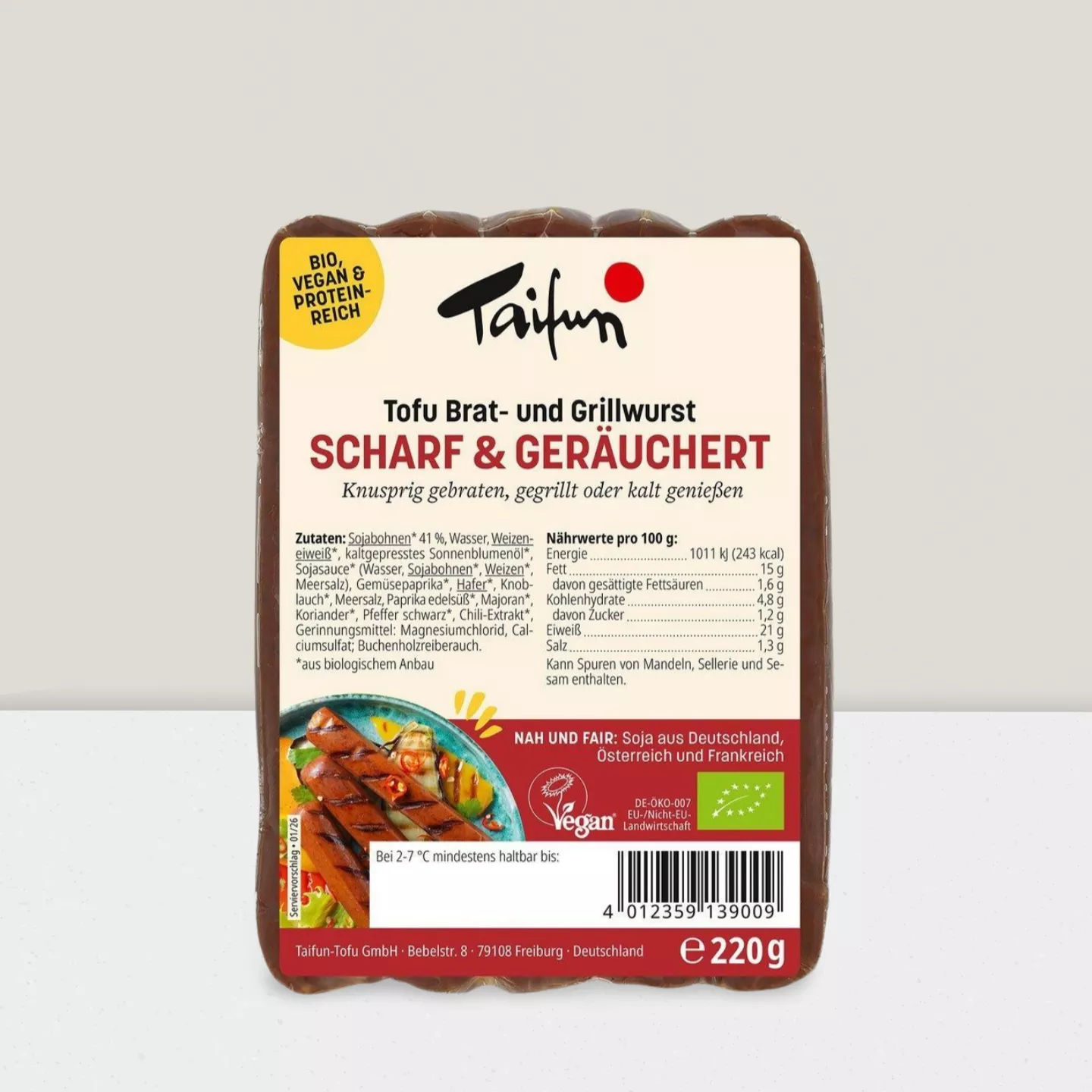 Saucisse à griller de tofu piquante & fumée, 220gr