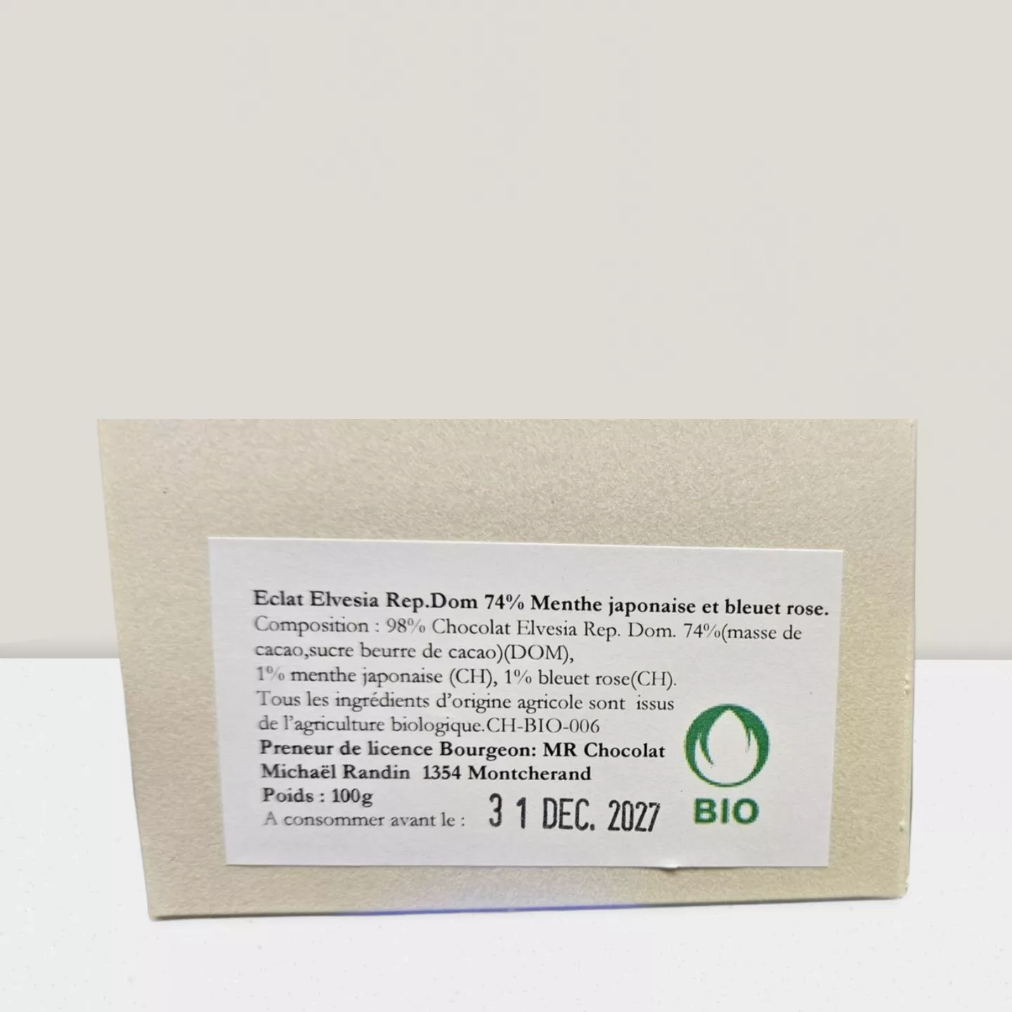 Chocolat - Eclat 74% menthe japonaise & bleuet rose 100g BIO