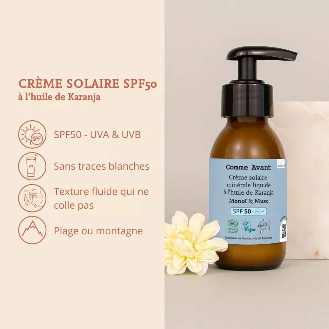 Crème solaire minérale SPF50 liquide à l'huile de Karanja - Monoï Musc 90ml