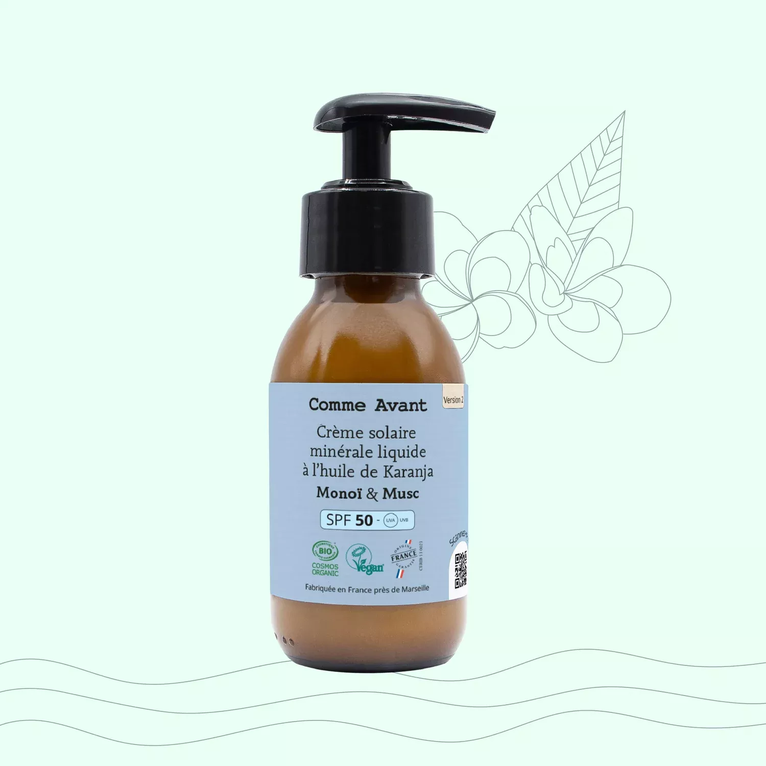 Crème solaire minérale SPF50 liquide à l'huile de Karanja - Monoï Musc 90ml