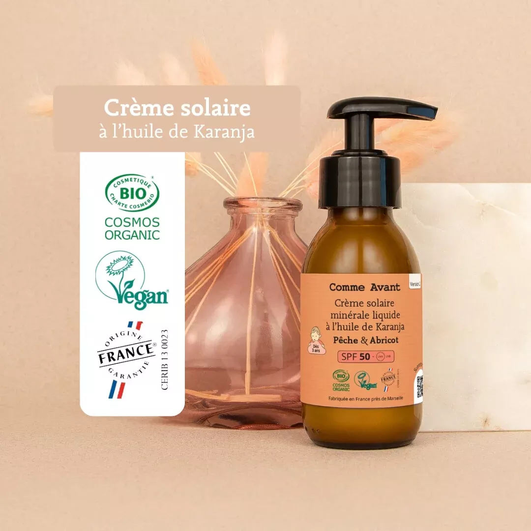 Crème solaire minérale SPF50 liquide à l'huile de Karanja - Pêche Abricot 90ml
