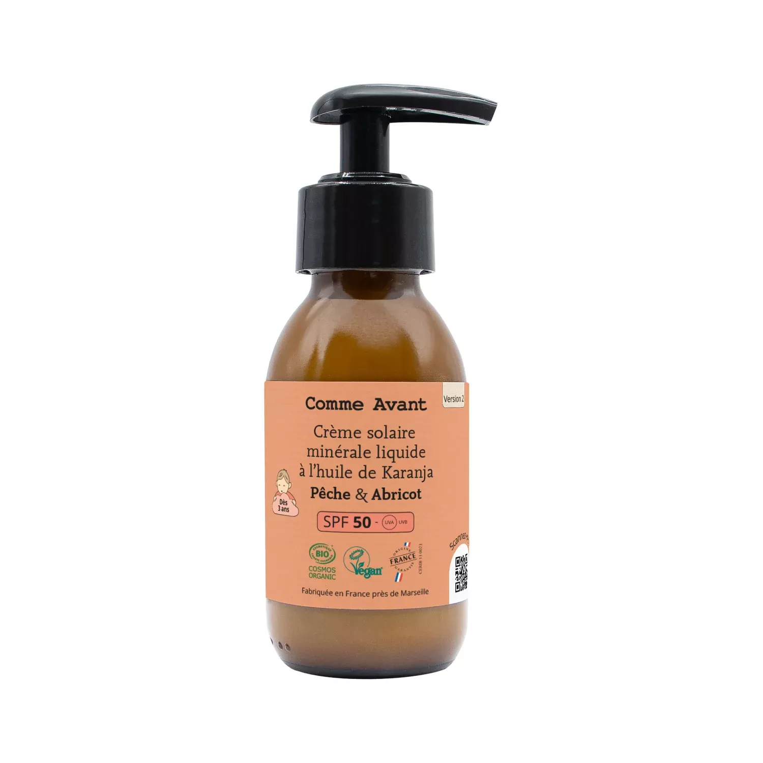 Crème solaire minérale SPF50 liquide à l'huile de Karanja - Pêche Abricot 90ml