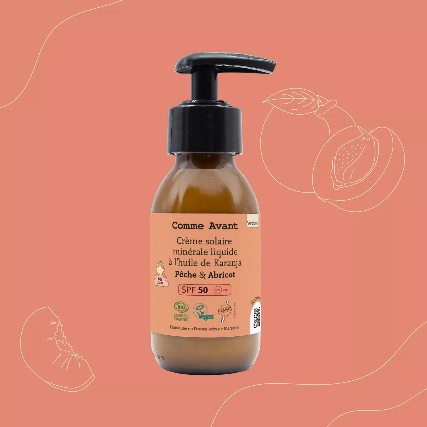 Crème solaire minérale SPF50 liquide à l'huile de Karanja - Pêche Abricot 90ml