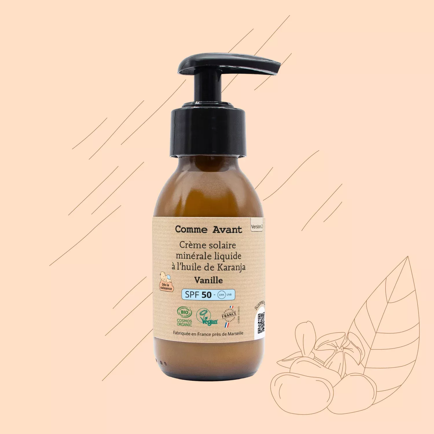 Crème solaire minérale SPF50 liquide à l'huile de Karanja - Vanille 90ml