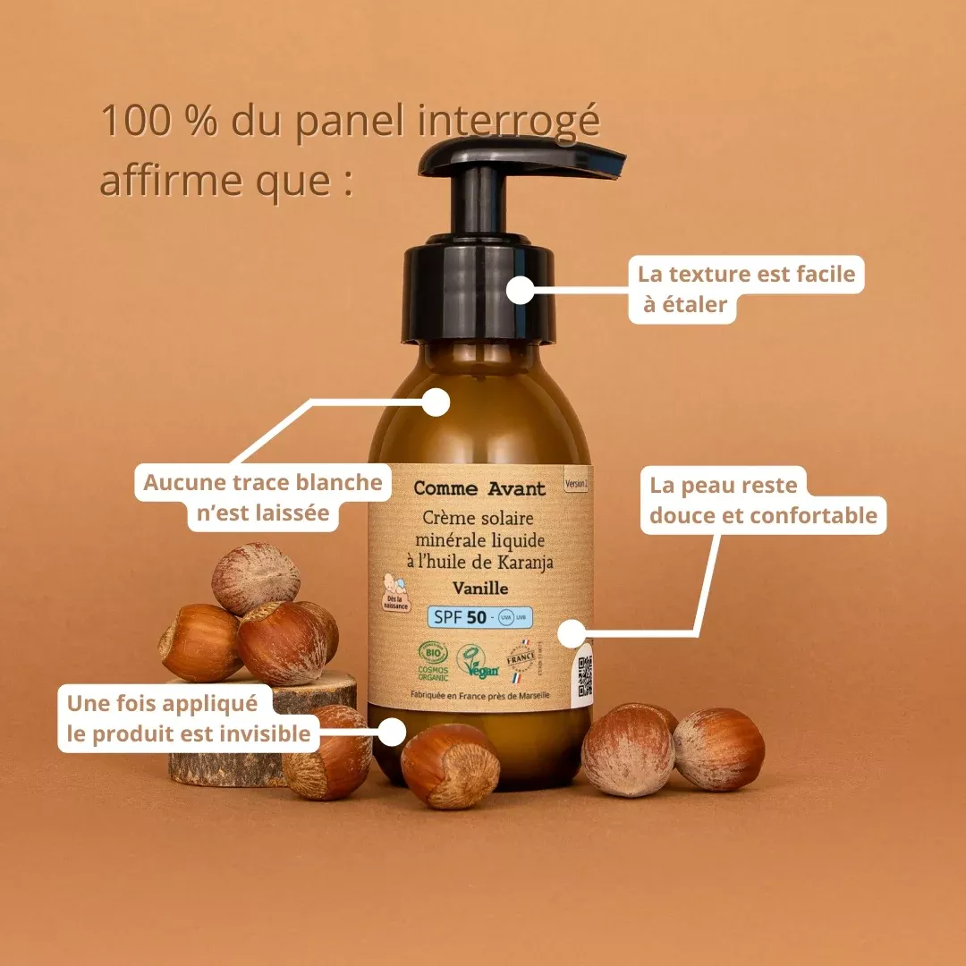 Crème solaire minérale SPF50 liquide à l'huile de Karanja - Vanille 90ml