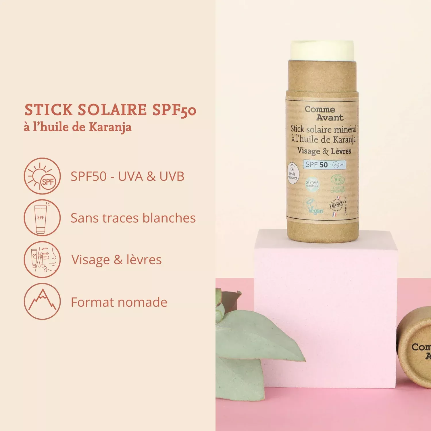 Stick solaire SPF50 minéral solide à l'huile de karanja -25gr